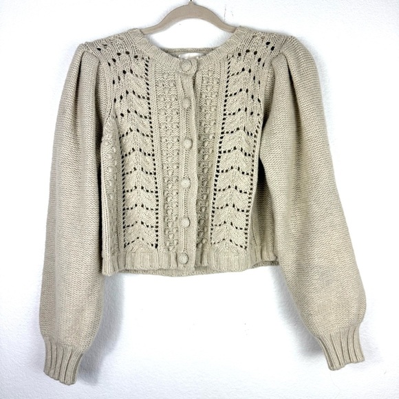 LoveShackFancy Cream Knit Women's Sweater cropped Frankel cardigan size L - Picture 2 of 8